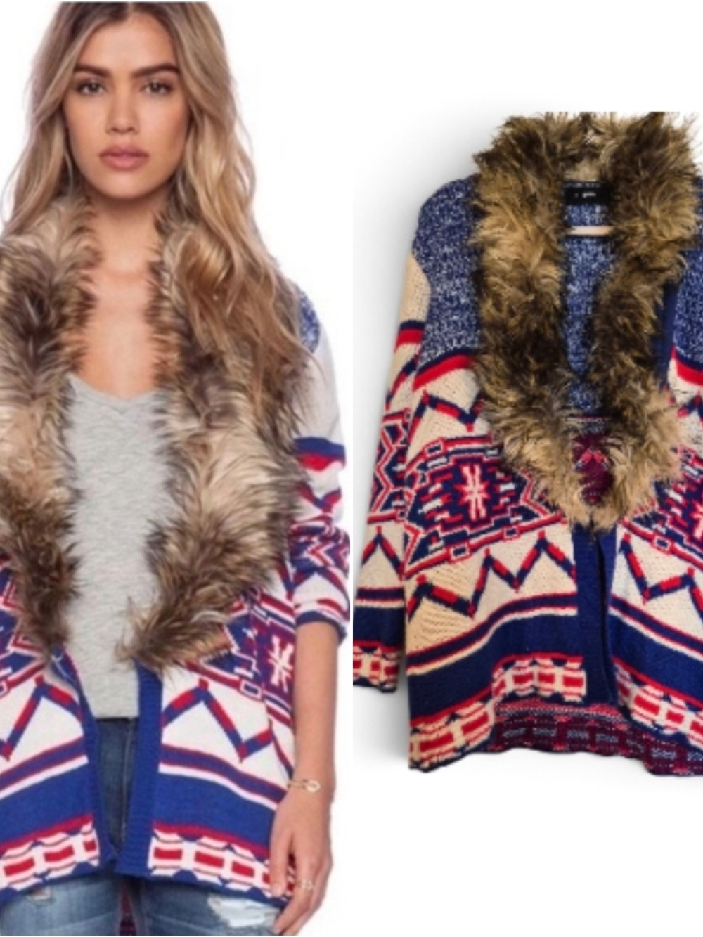 MINKPINK Faux Fur Trim Legends Of The Forrest Aztec Cardigan -Blue/Red/Cream- XS